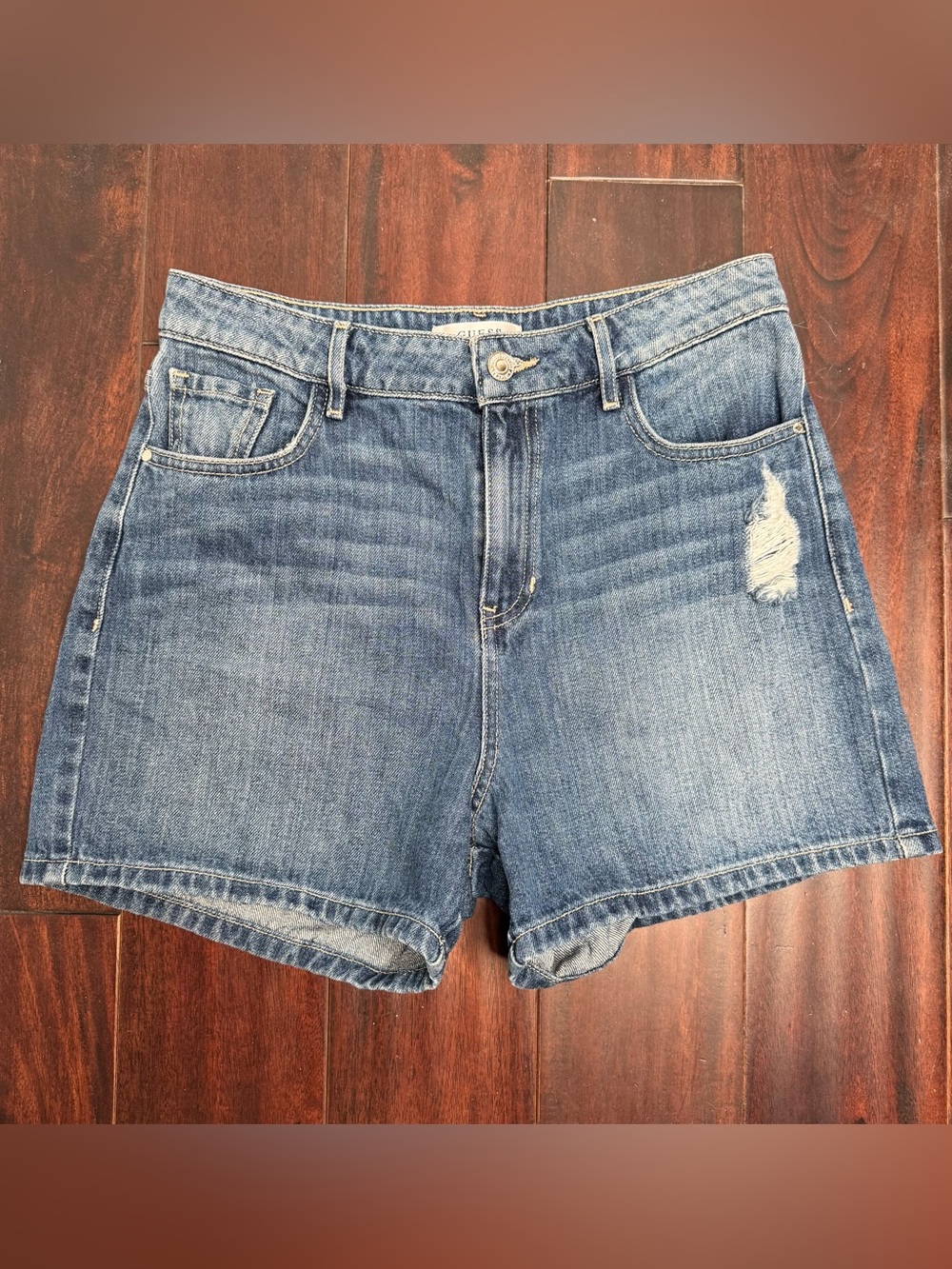 Guess Women’s Medium Blue Distressed High-Rise Jean Shorts